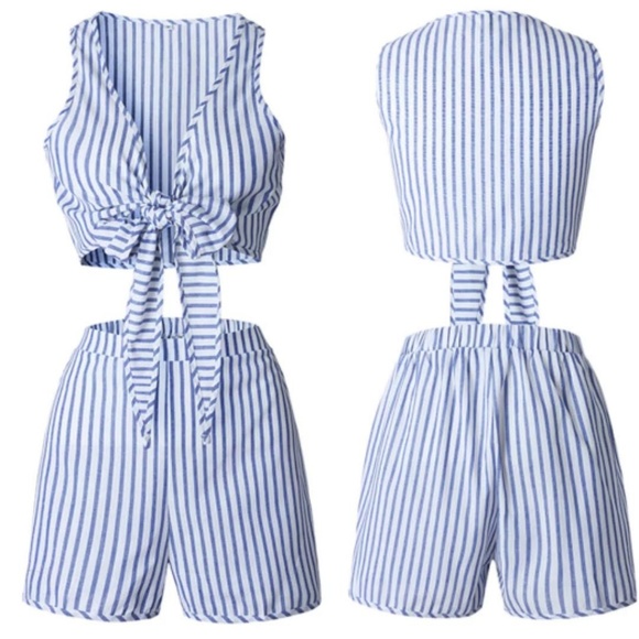 LAST 1 Striped 2 Pc Summer Top Front Tie & Shorts - Picture 7 of 8